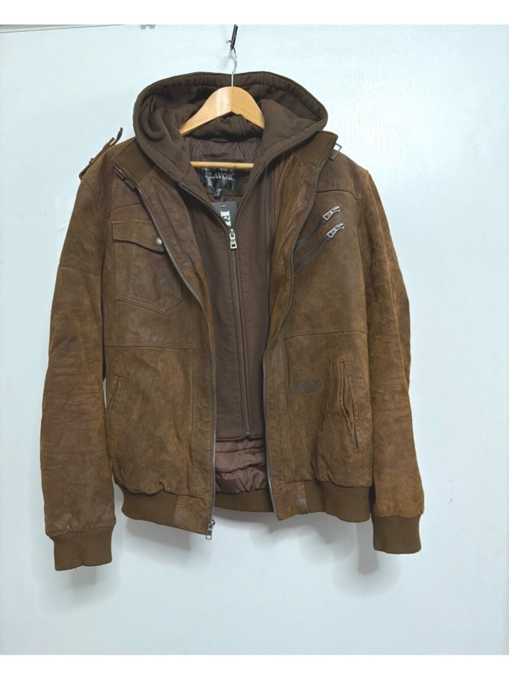 Brown Leather Hooded Jacket Distressed Style Zippered Pockets Size Men XLT